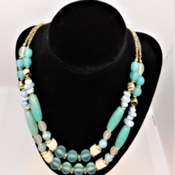 Gorgeous double strand aqua, cream, gold and medium blue bead necklace. - Picture 2 of 7